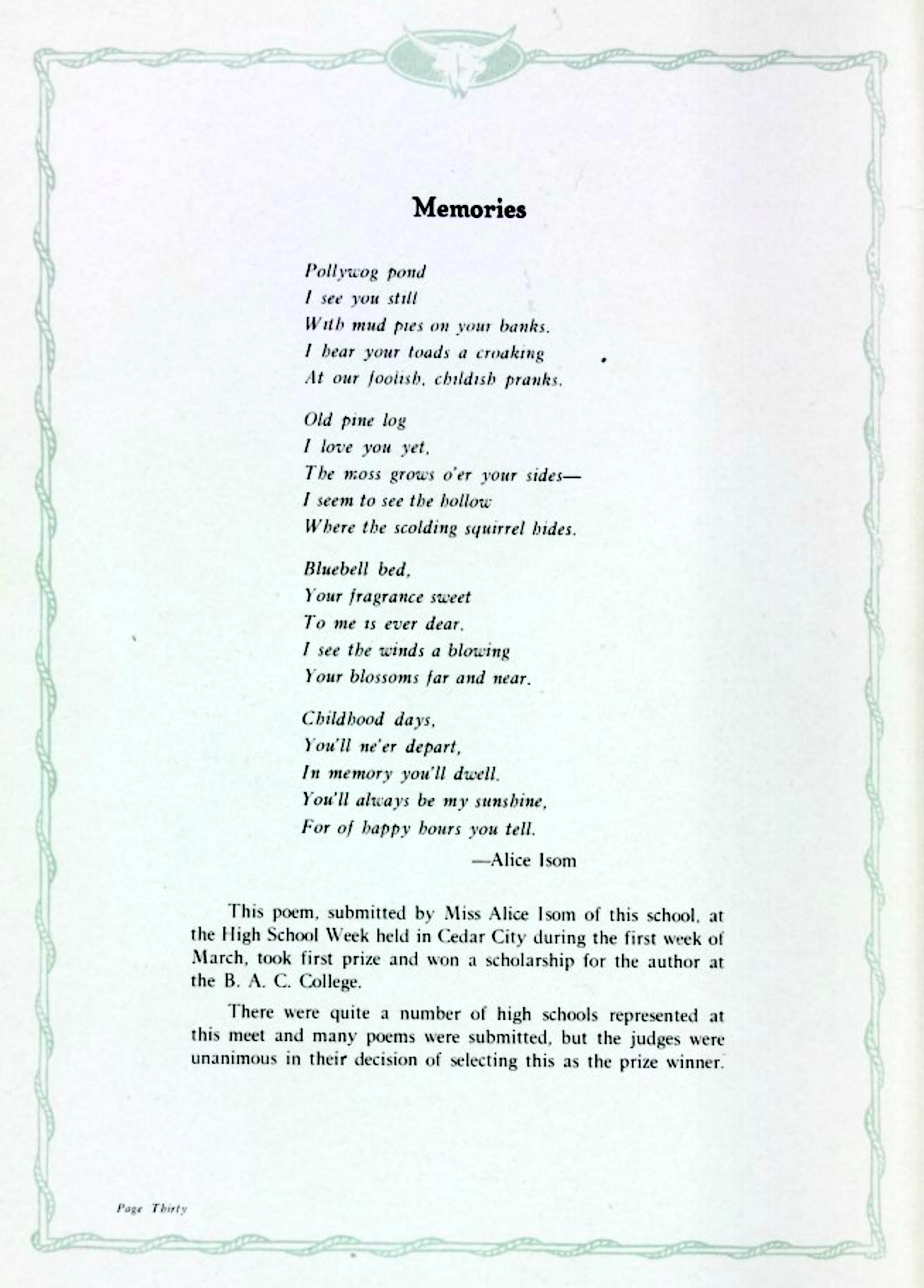 Poem 'Memories' from the 1928 Hurricane High School Yearbook