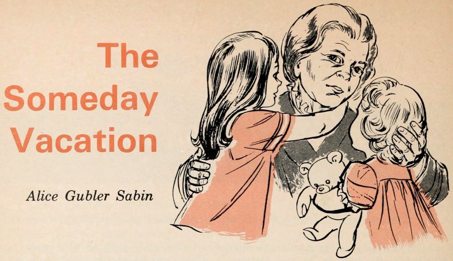 Illustration of two granddaughters, one with a teddy bear in one arm, hugging their grandmother